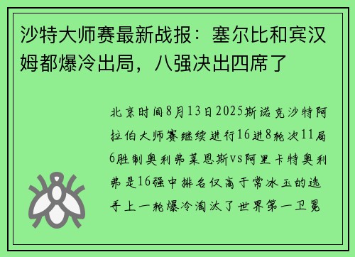 沙特大师赛最新战报：塞尔比和宾汉姆都爆冷出局，八强决出四席了